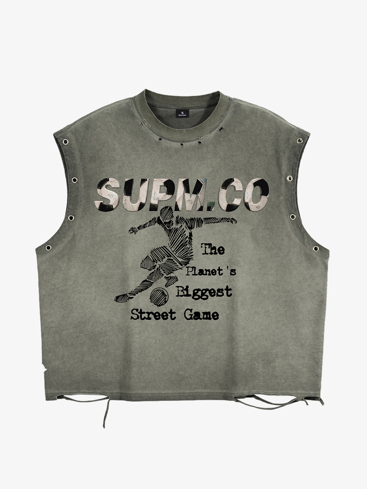 Distressed "SUPM.CO" Soccer Graphic Sleeveless T-Shirt