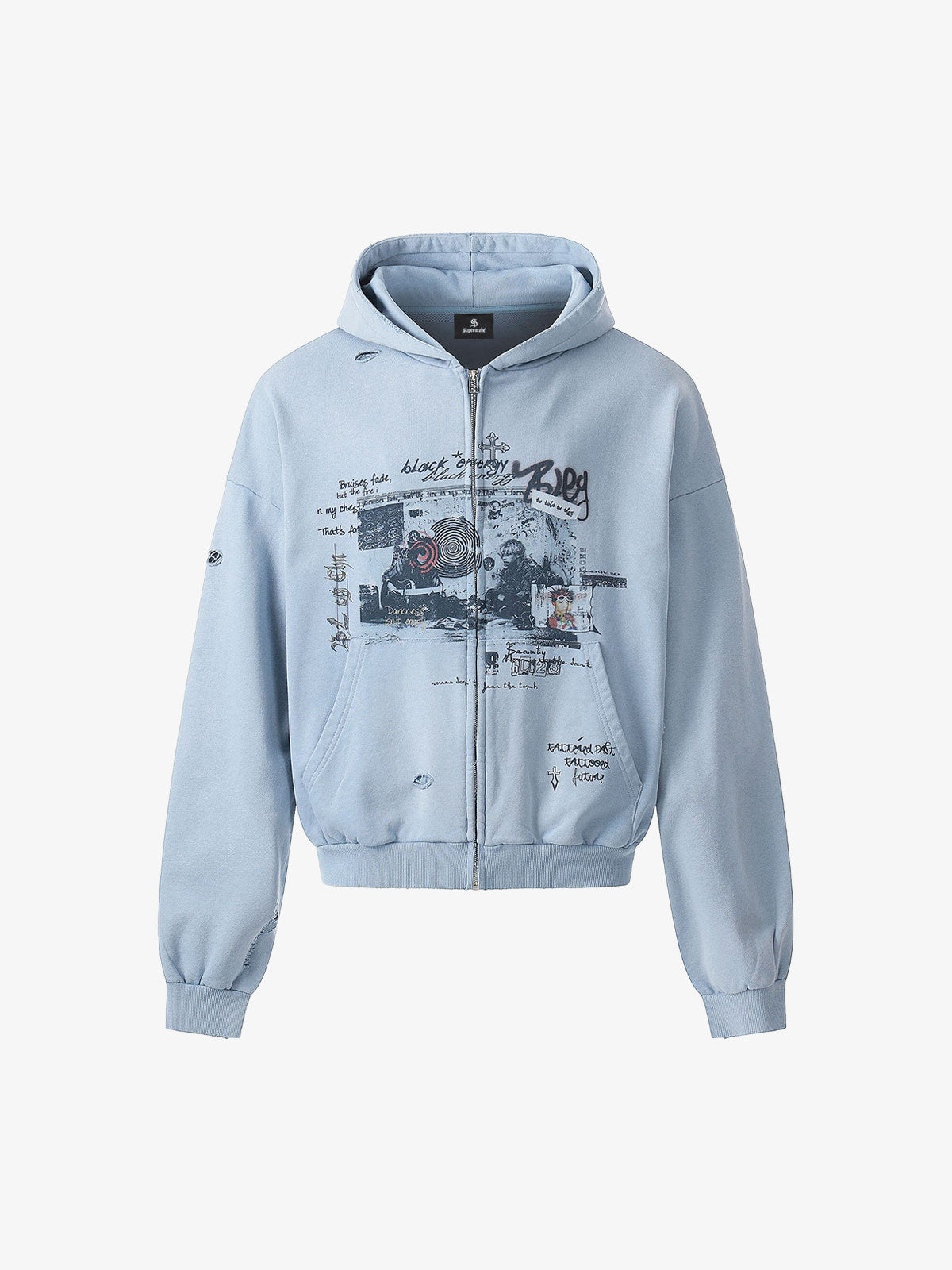 Distressed Graphic Print Zip Up Hoodie