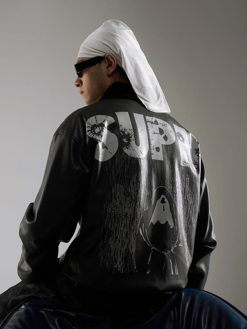 SUPM Fur Collar Rhinestone Pattern Leather Jacket - 2557