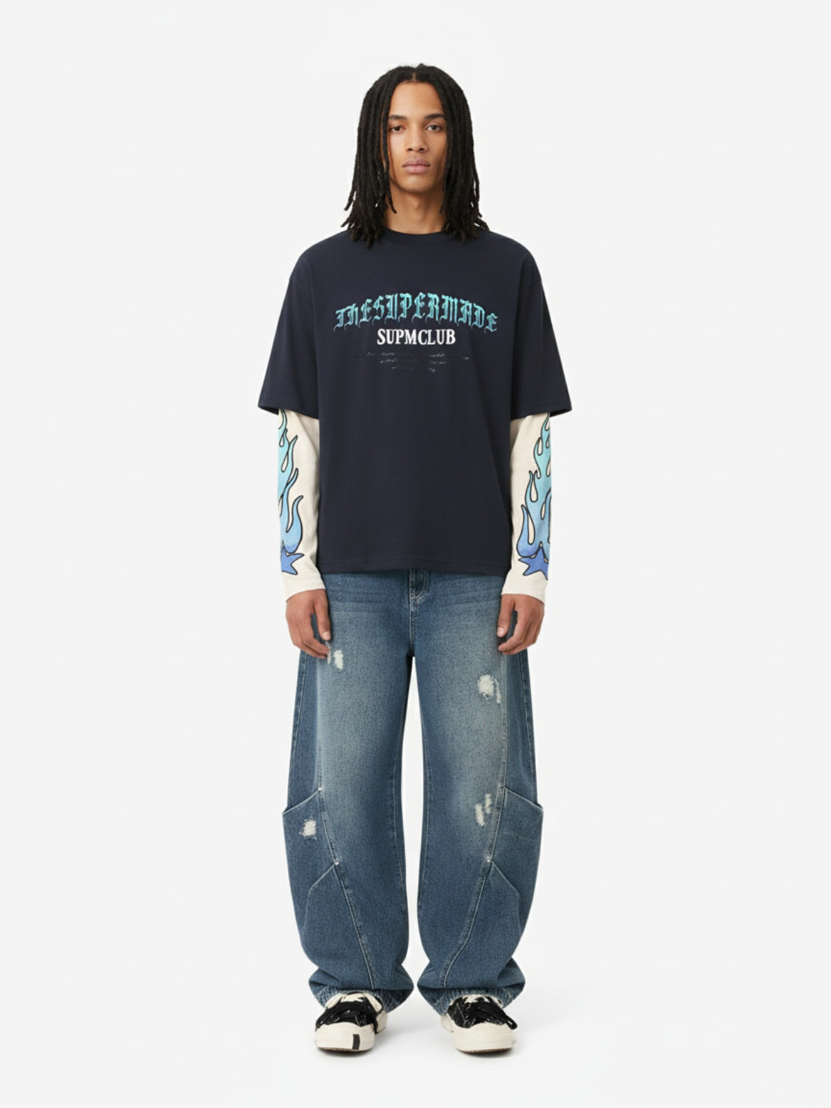 Gradient Letter Print Patchwork Faux Two-Piece Long-Sleeved T-Shirt