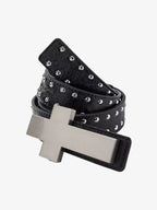 Cross Buckle Studded Black Leather Belt