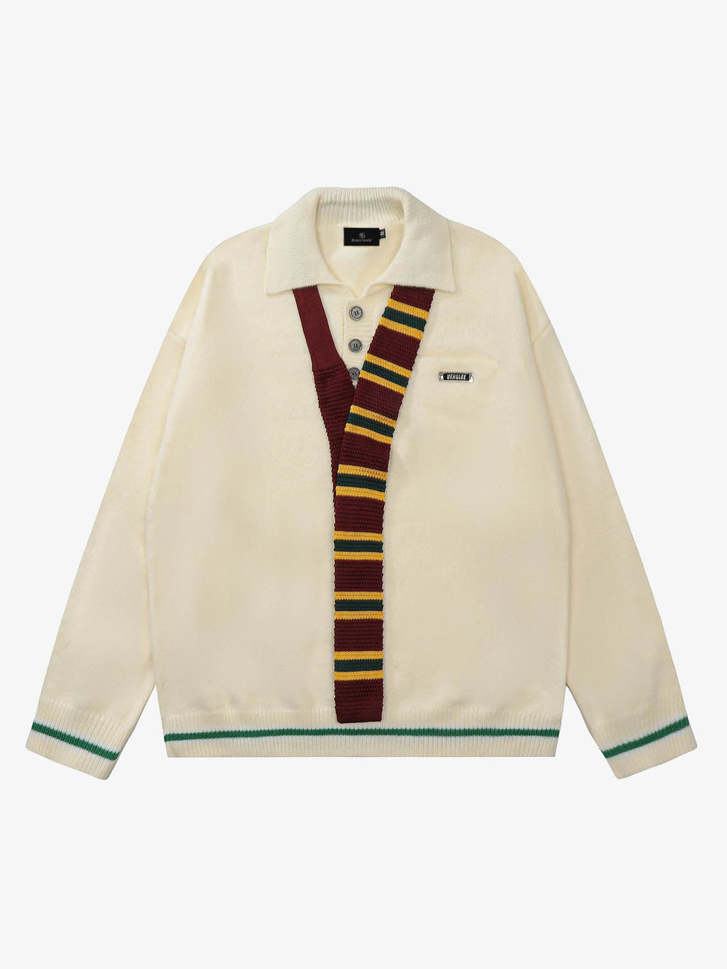 Retro Striped Contrast Panel Button-Up Collar Sweater