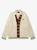 Retro Striped Contrast Panel Button-Up Collar Sweater