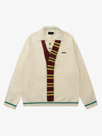 Retro Striped Contrast Panel Button-Up Collar Sweater