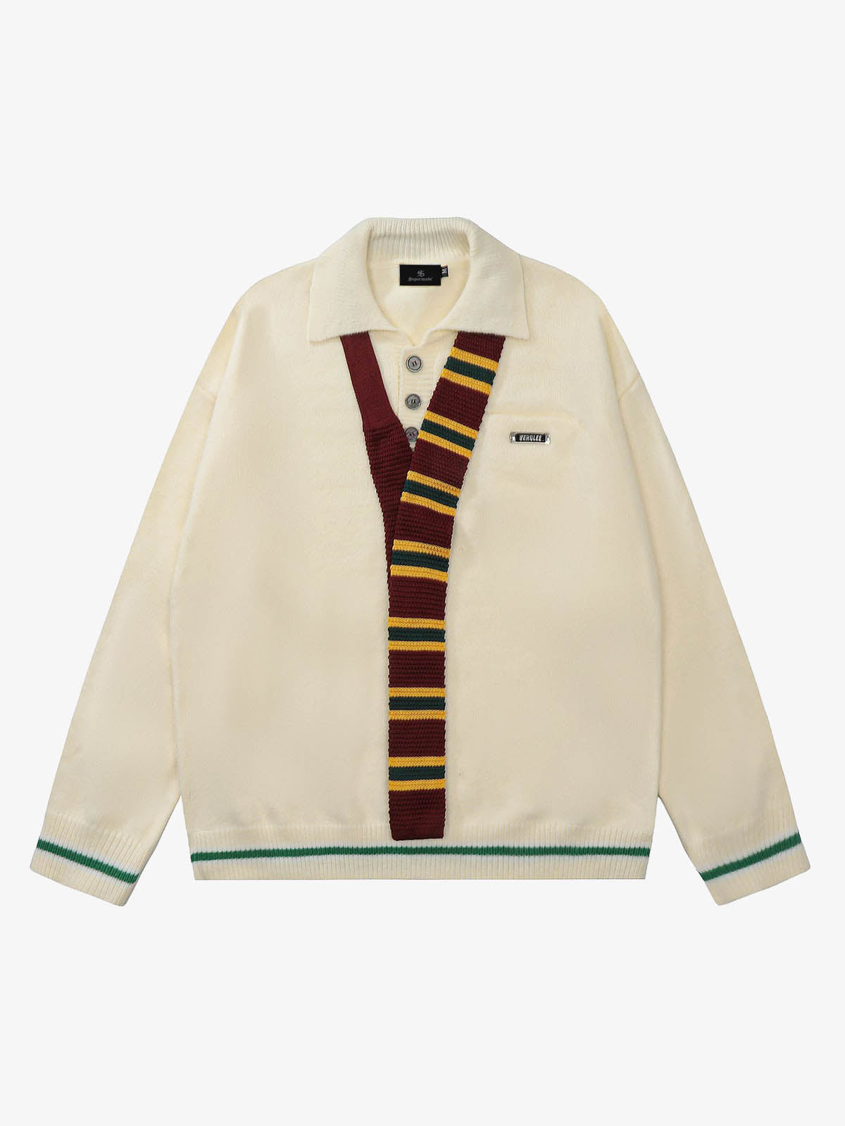 Retro Striped Contrast Panel Button-Up Collar Sweater