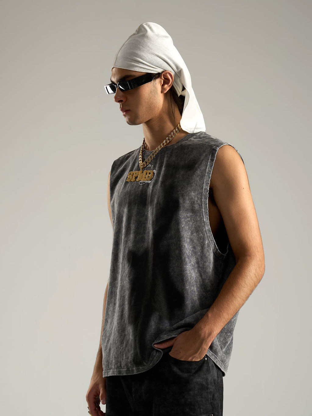 Cross-Print Distressed Washed Vest