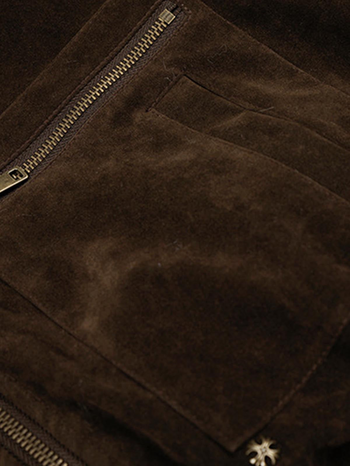 Utility Faux Shearling Collar Suede Look Zip Up Jacket