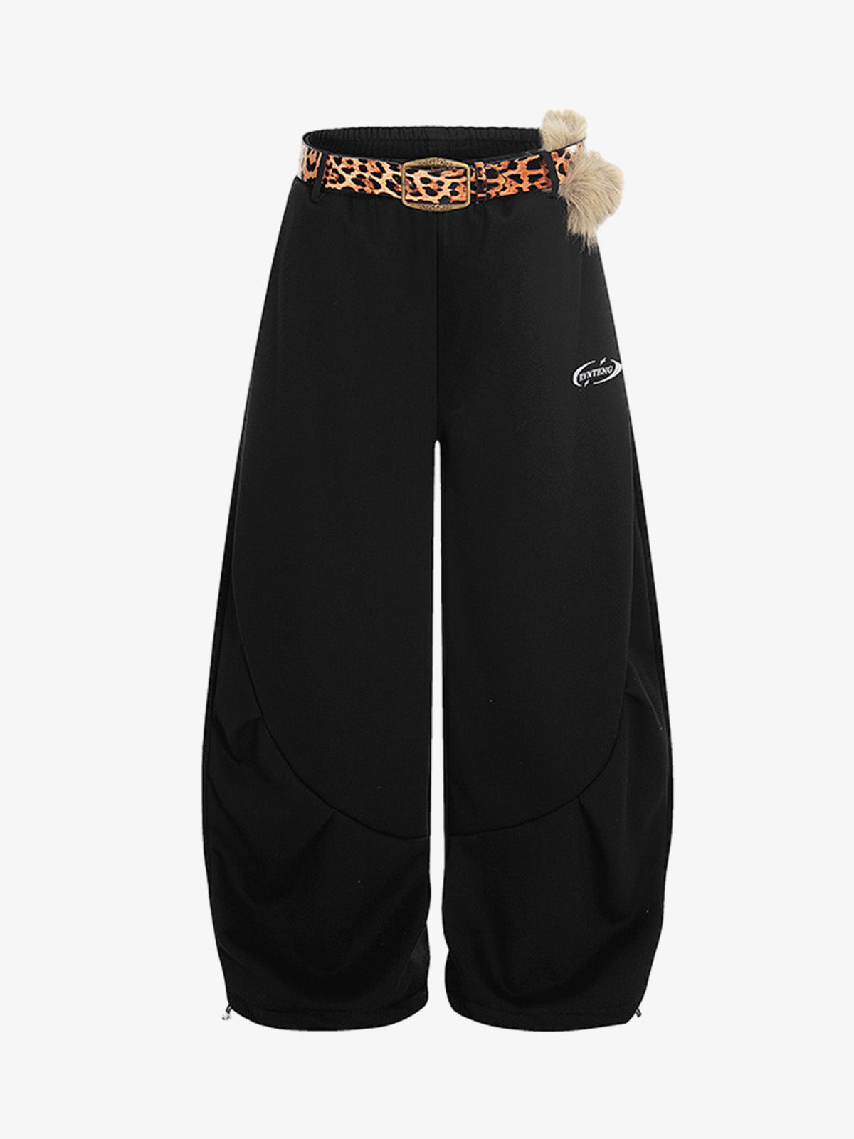 Leopard Belt Fur-Pom Detail Fleece Wide-Leg Pants