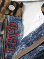 Vintage Washed Tiger Print Wide Leg Denim Jeans
