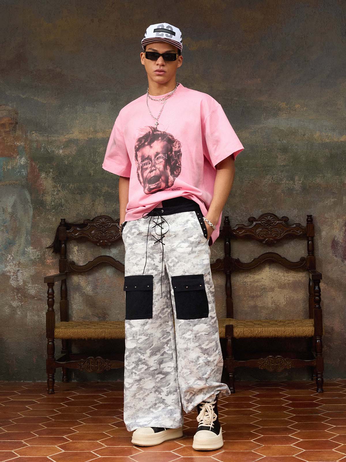 Camo Embroidered Double Waist Lace-Up Wide Leg Cargo Pants - 2599