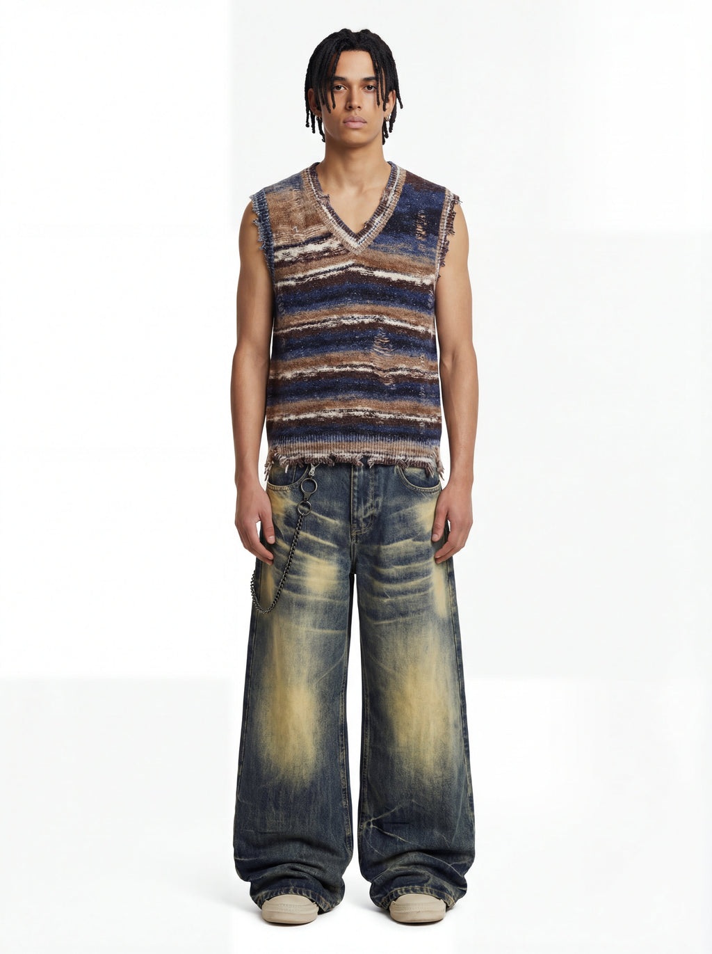 Frayed Edge Striped V Neck Knit Vest