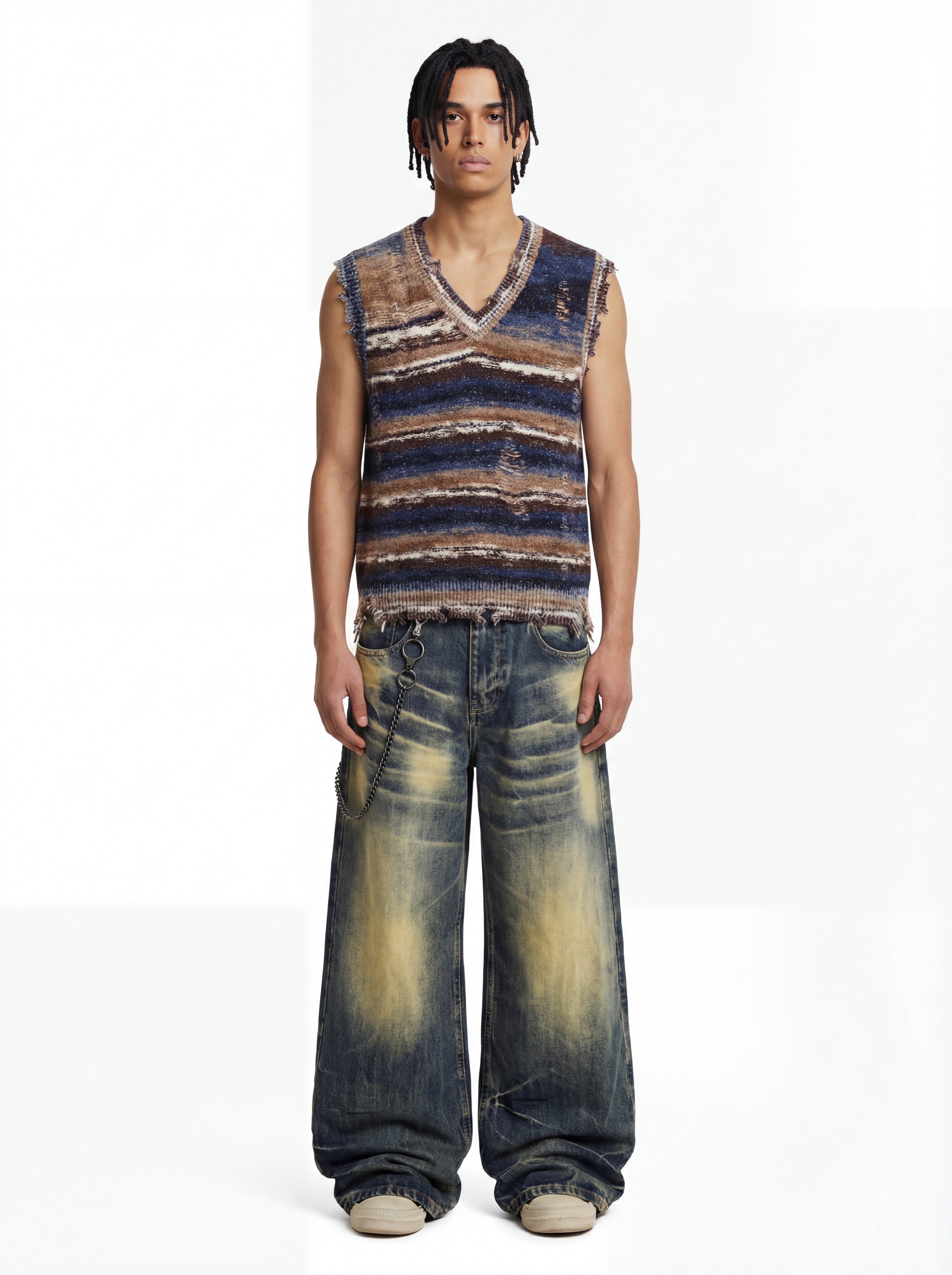 Frayed Edge Striped V Neck Knit Vest