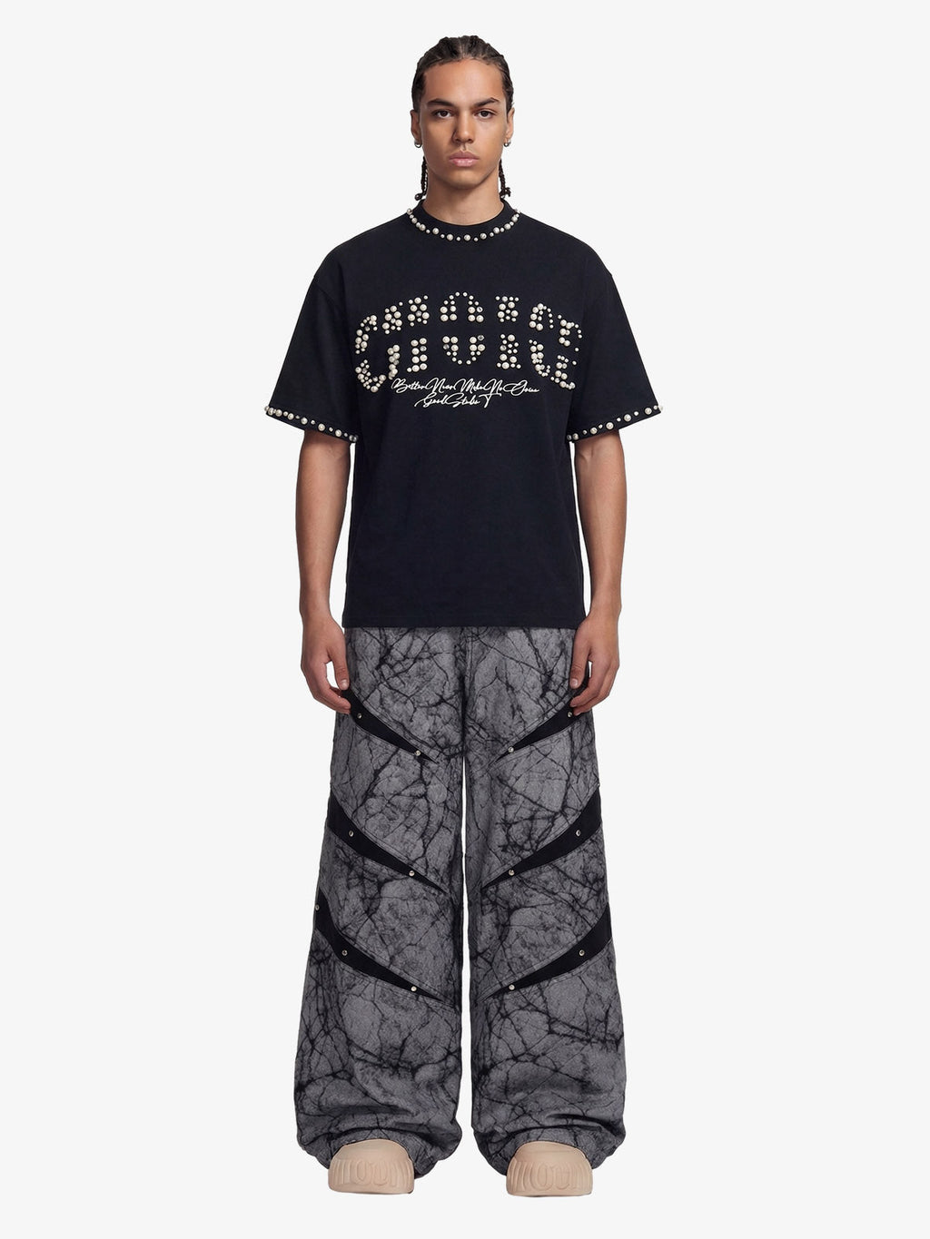 Elegant Pearl-Embellished Oversized T-Shirt