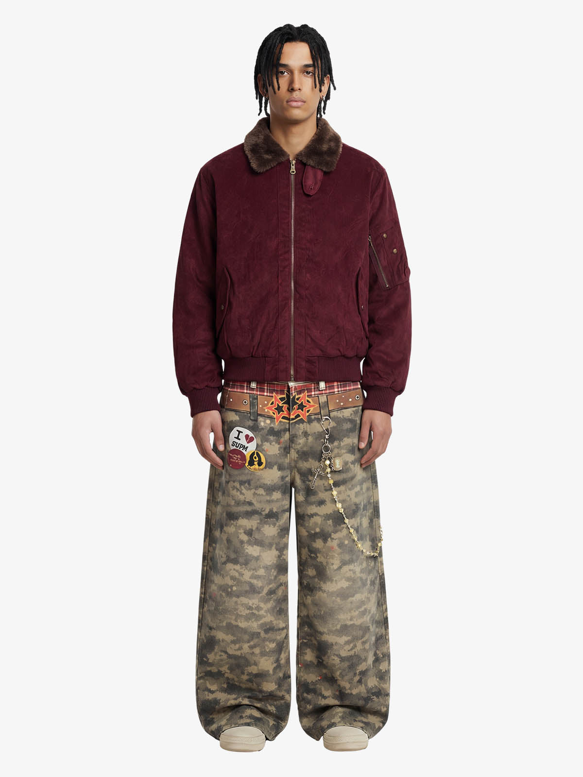 Retro Suede Faux Fur Collar Fleece Lined Bomber Jacket