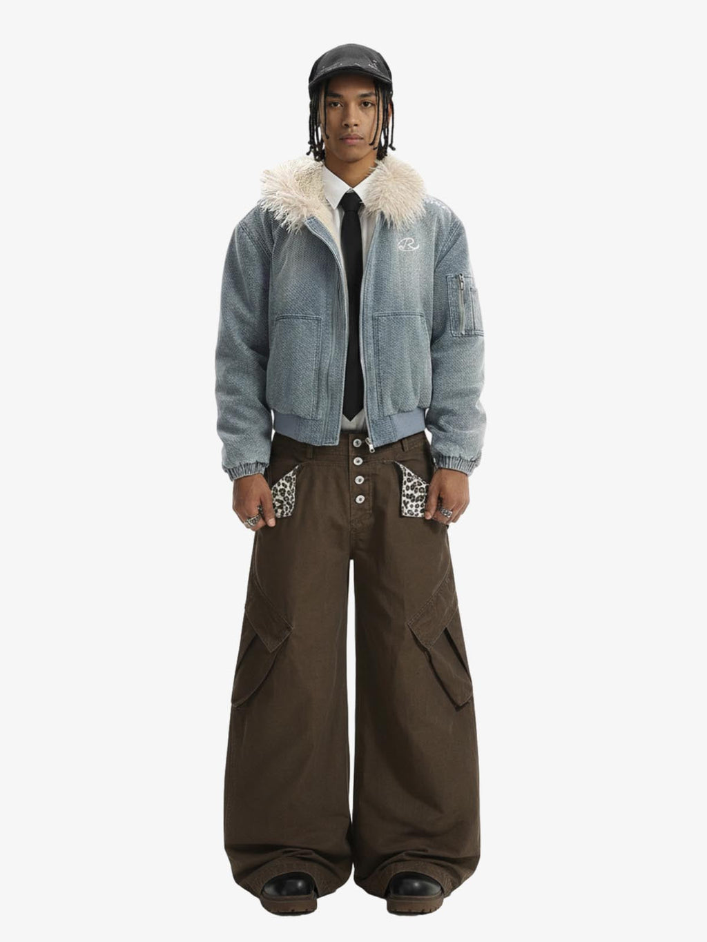 Washed Embroidered Fur-Lined Denim Bomber Jacket