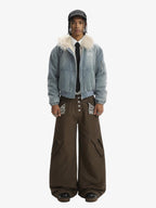 Washed Embroidered Fur-Lined Denim Bomber Jacket