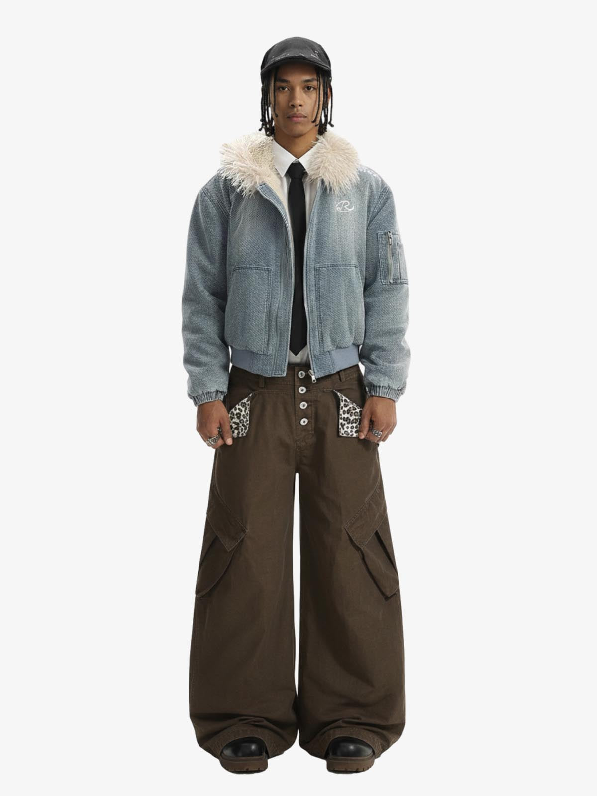 Washed Embroidered Fur-Lined Denim Bomber Jacket