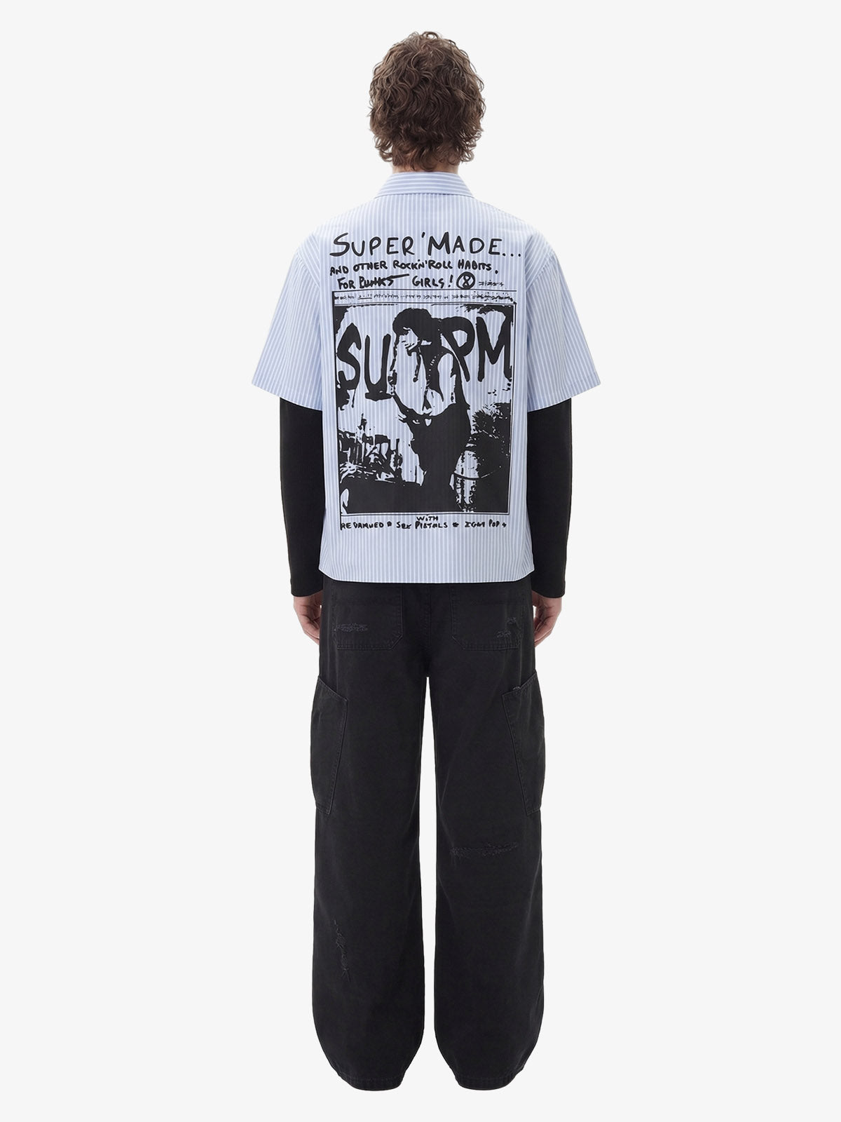 Vintage Illustration Striped Faux Two-Piece Shirt