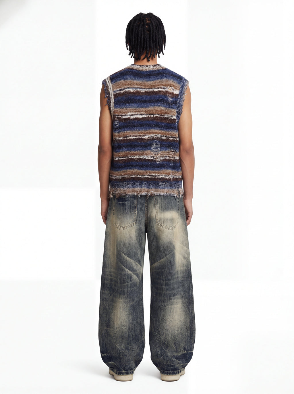 Frayed Edge Striped V Neck Knit Vest