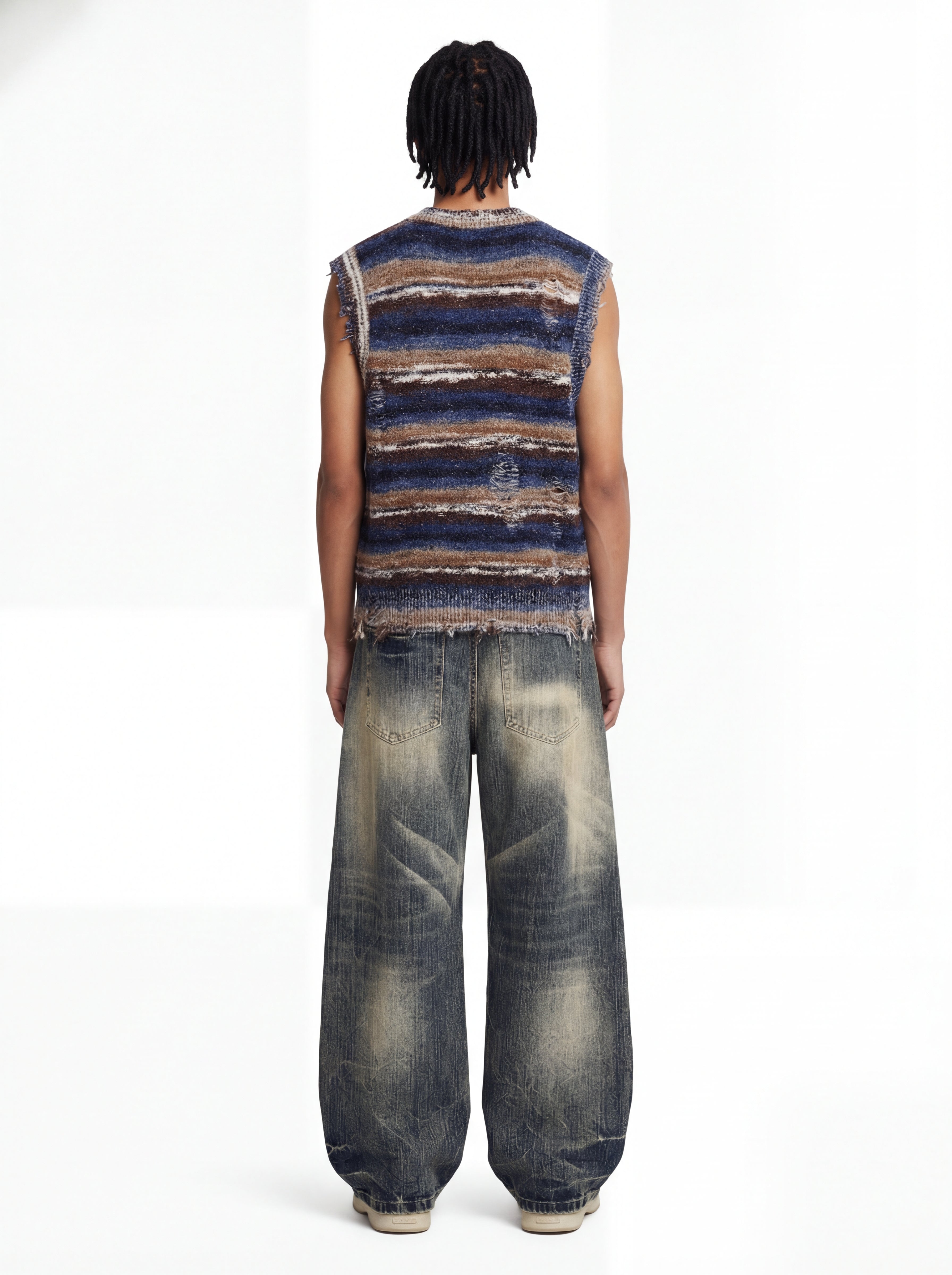 Frayed Edge Striped V Neck Knit Vest