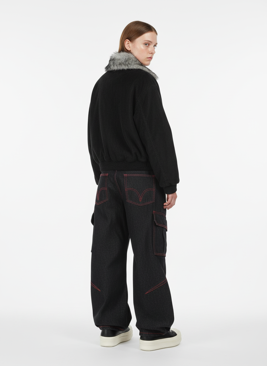 Retro Red Contrast Stitching Pocket Barrel Jeans