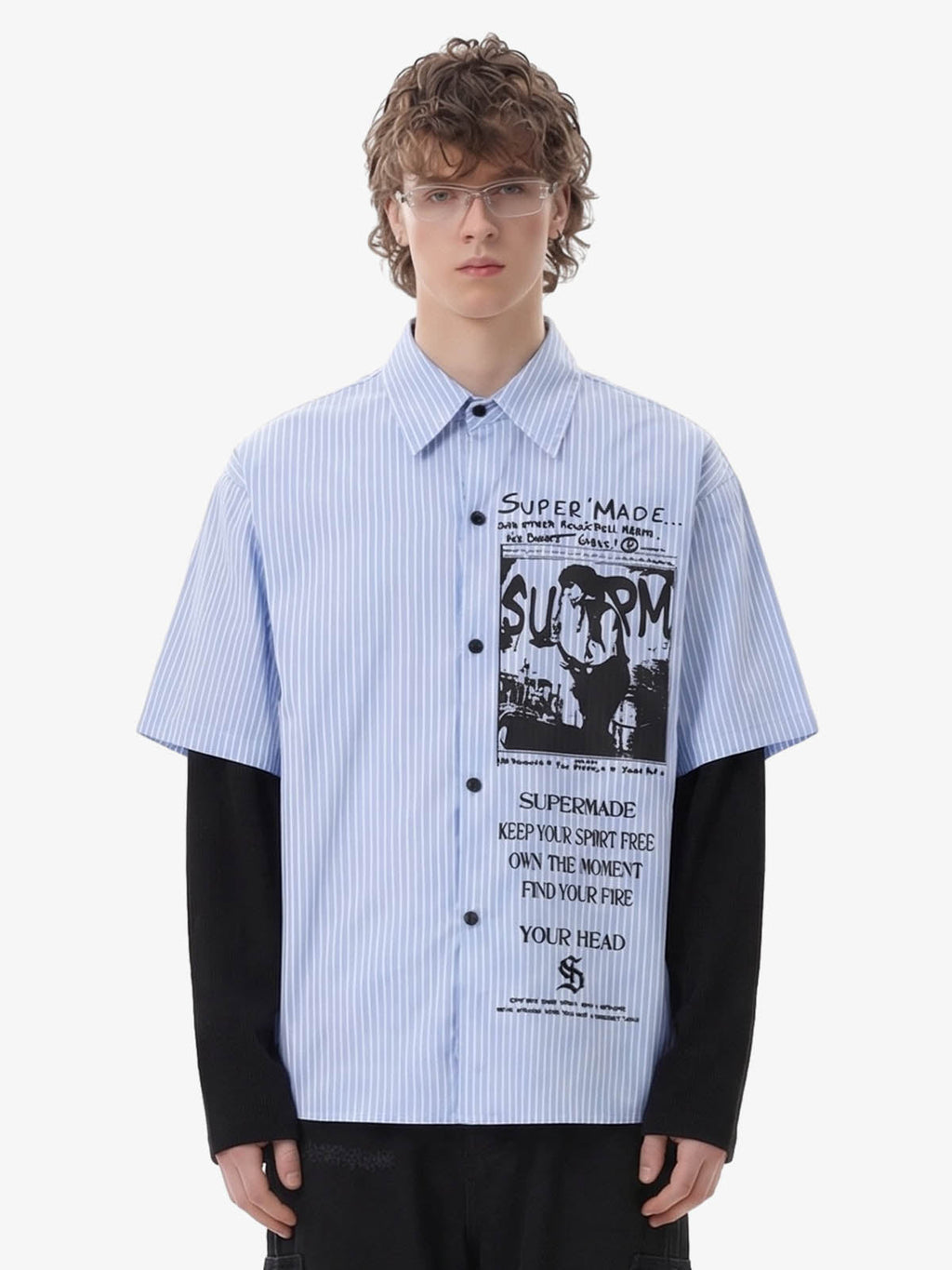Vintage Illustration Striped Faux Two-Piece Shirt