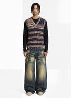 Frayed Edge Striped V Neck Knit Vest