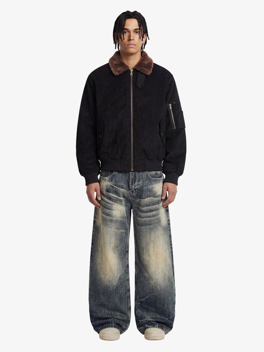 Retro Suede Faux Fur Collar Fleece Lined Bomber Jacket