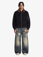 Retro Suede Faux Fur Collar Fleece Lined Bomber Jacket