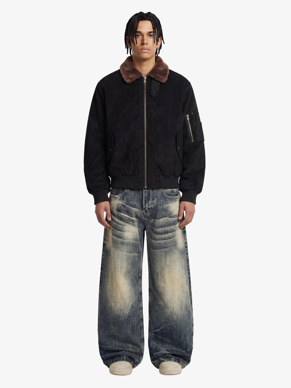 Retro Suede Faux Fur Collar Fleece Lined Bomber Jacket