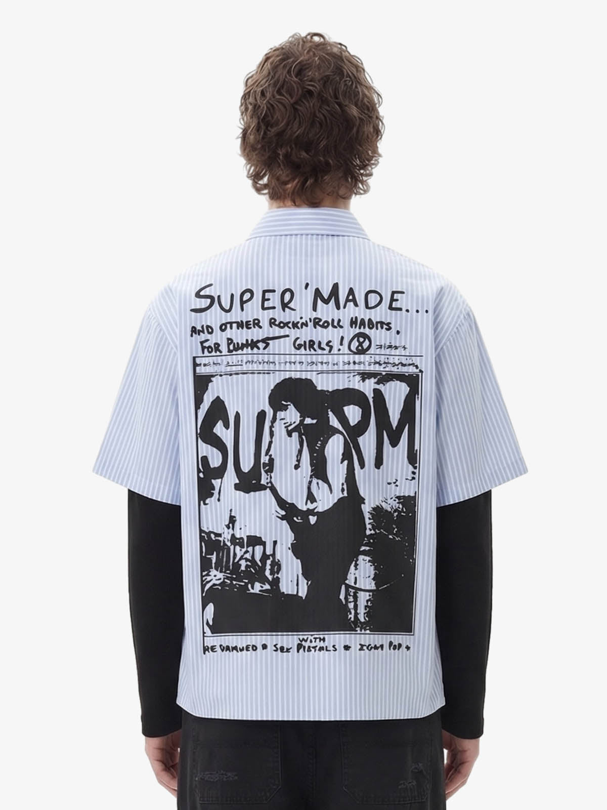 Vintage Illustration Striped Faux Two-Piece Shirt