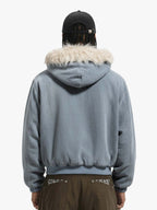Washed Embroidered Fur-Lined Denim Bomber Jacket