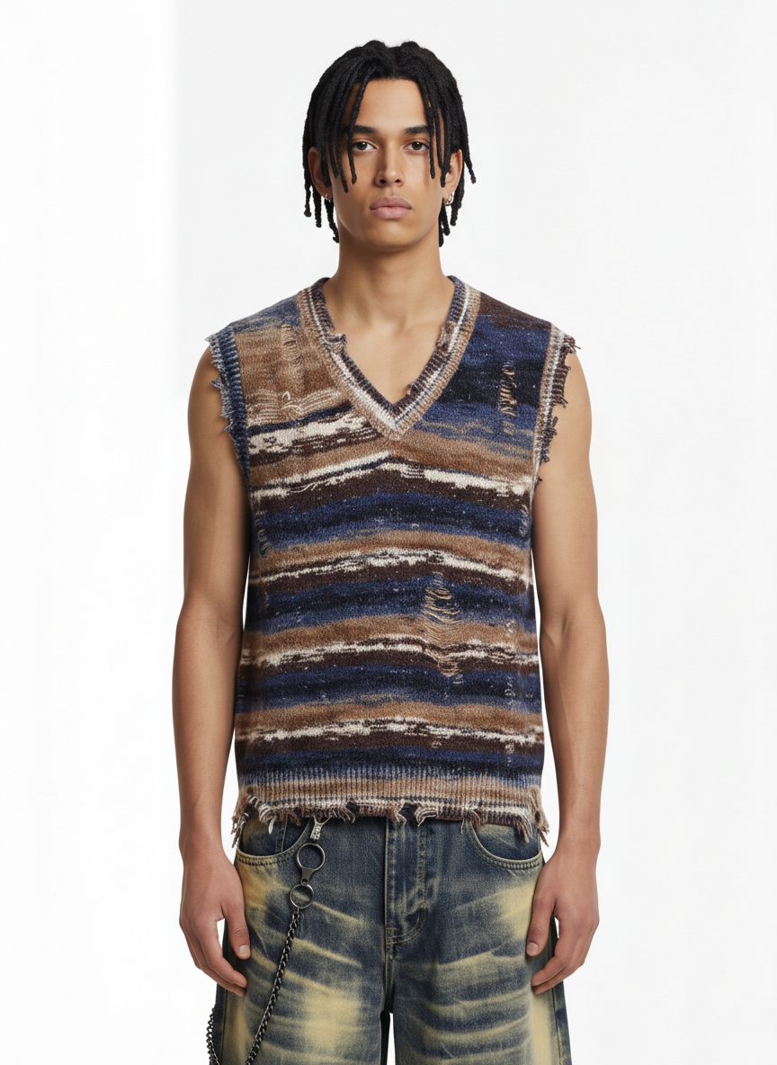Frayed Edge Striped V Neck Knit Vest