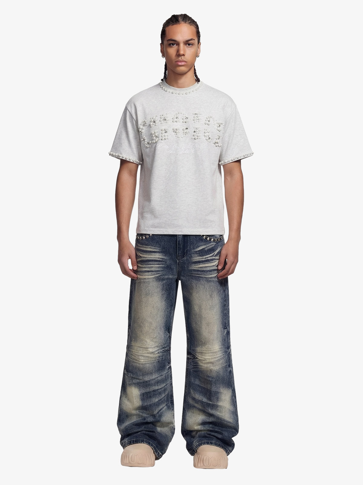 Elegant Pearl-Embellished Oversized T-Shirt