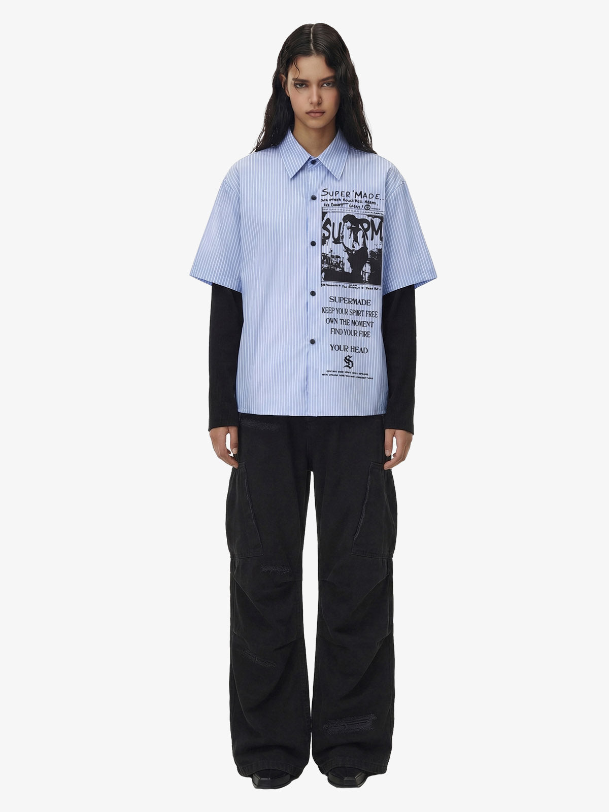 Vintage Illustration Striped Faux Two-Piece Shirt