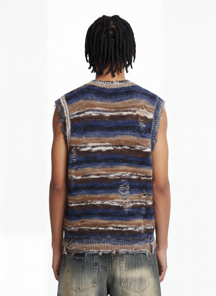 Frayed Edge Striped V Neck Knit Vest