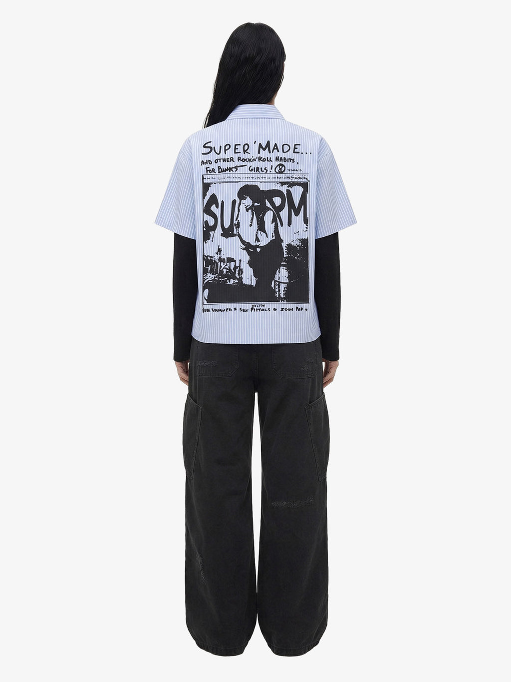 Vintage Illustration Striped Faux Two-Piece Shirt