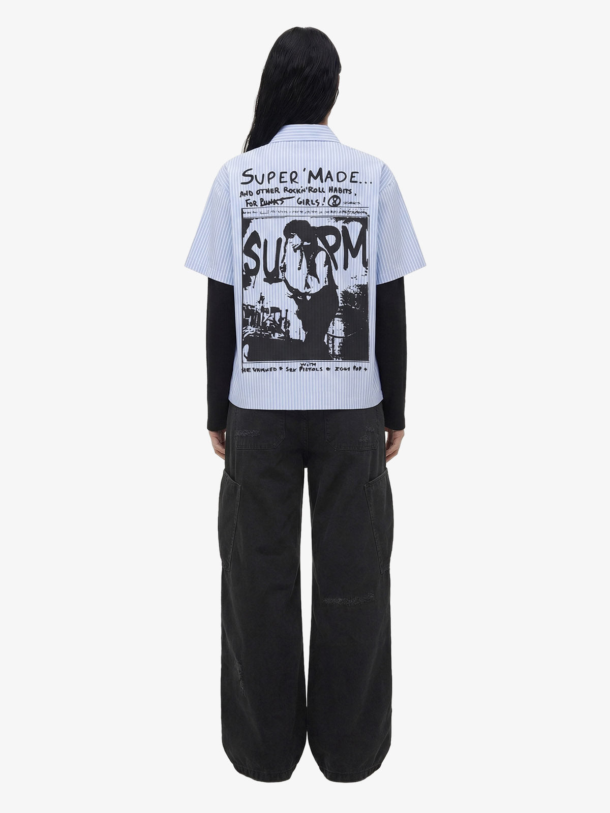 Vintage Illustration Striped Faux Two-Piece Shirt