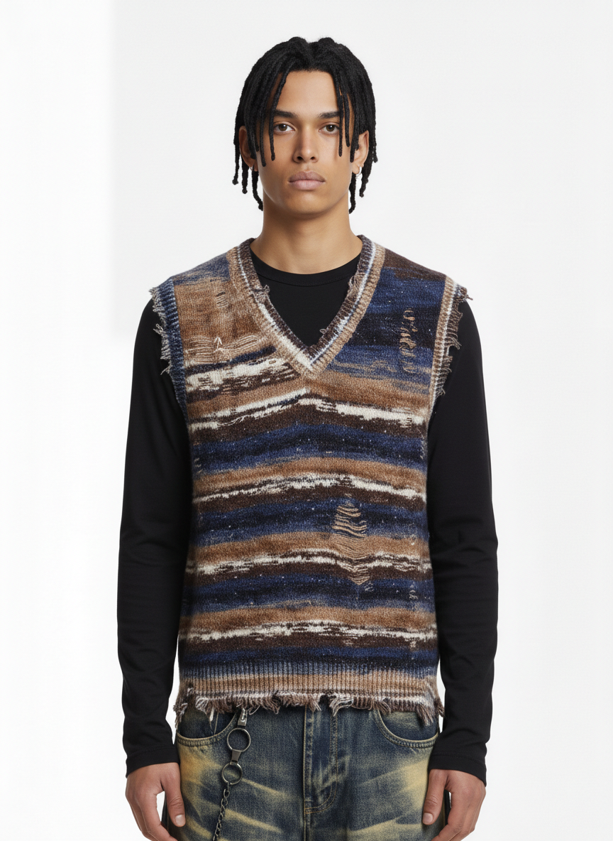 Frayed Edge Striped V Neck Knit Vest