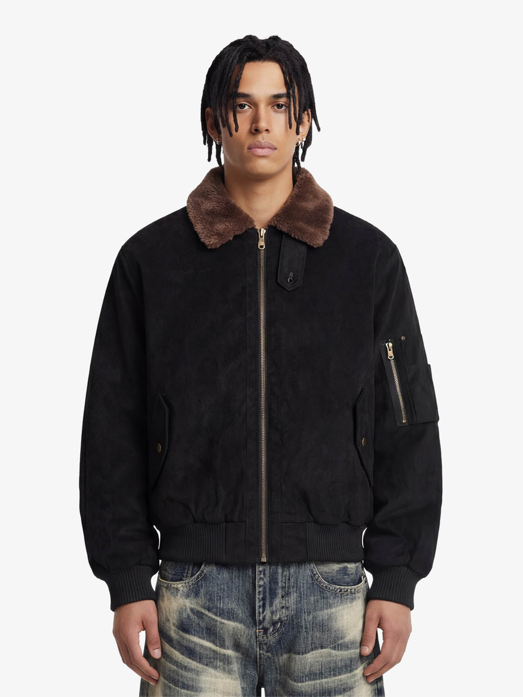 Retro Suede Faux Fur Collar Fleece Lined Bomber Jacket