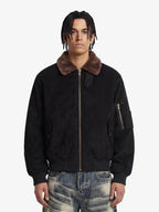 Retro Suede Faux Fur Collar Fleece Lined Bomber Jacket