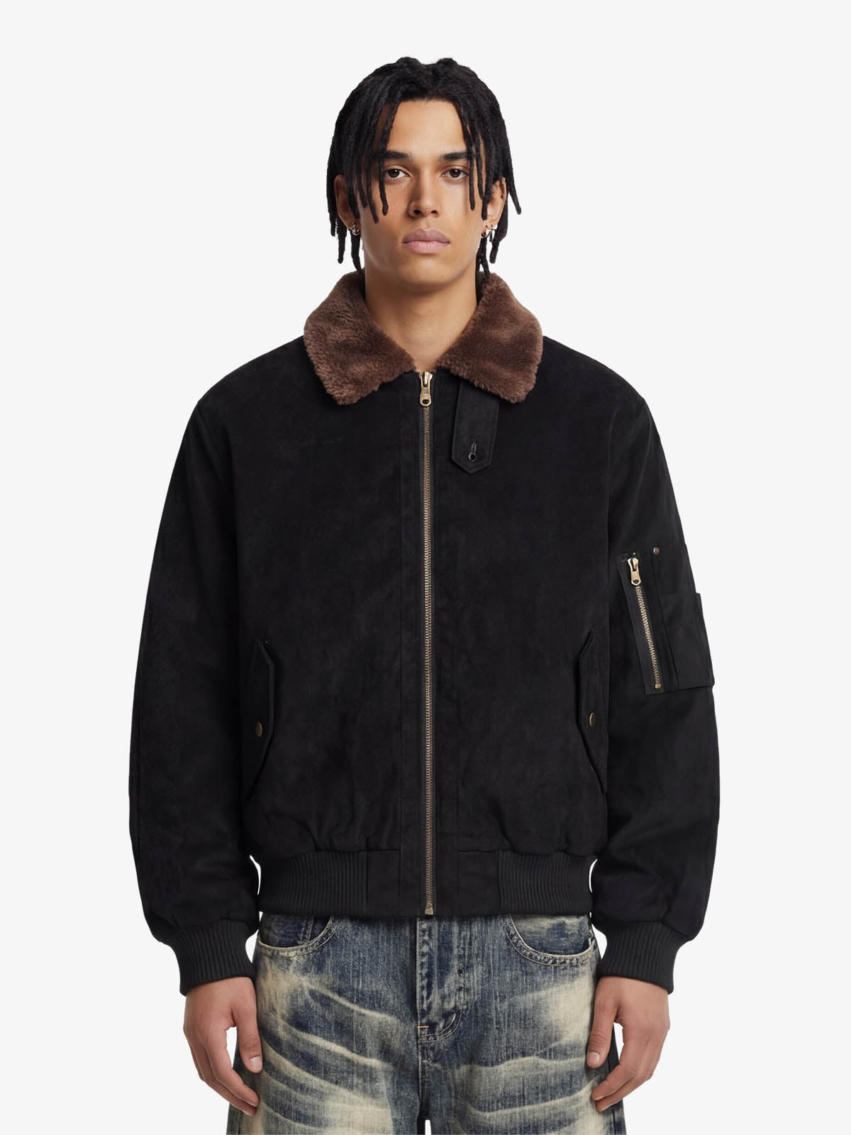Retro Suede Faux Fur Collar Fleece Lined Bomber Jacket