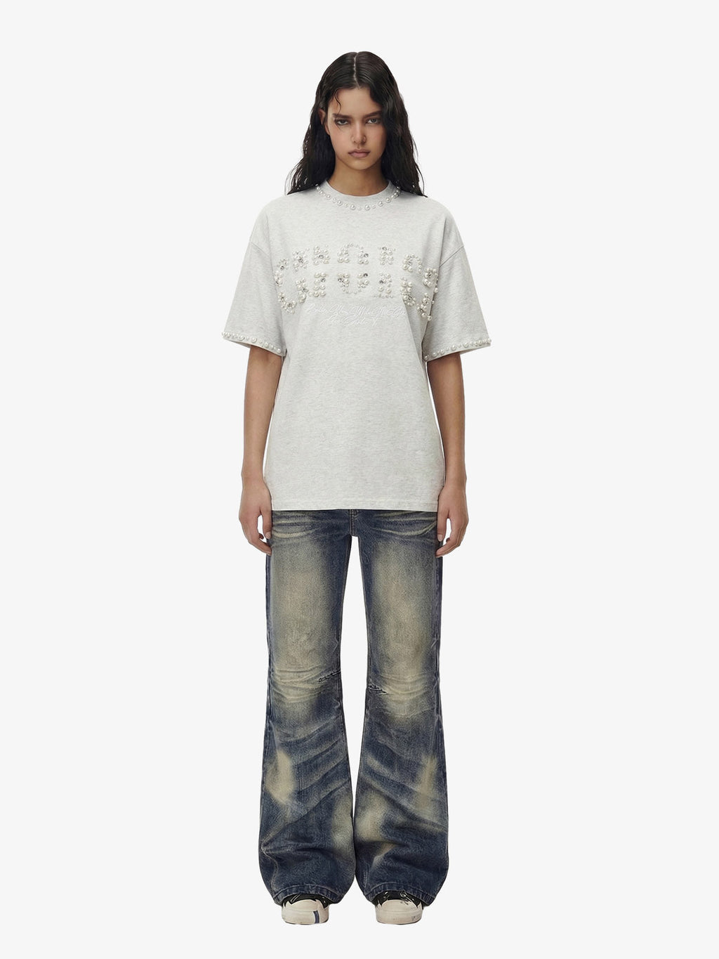 Elegant Pearl-Embellished Oversized T-Shirt