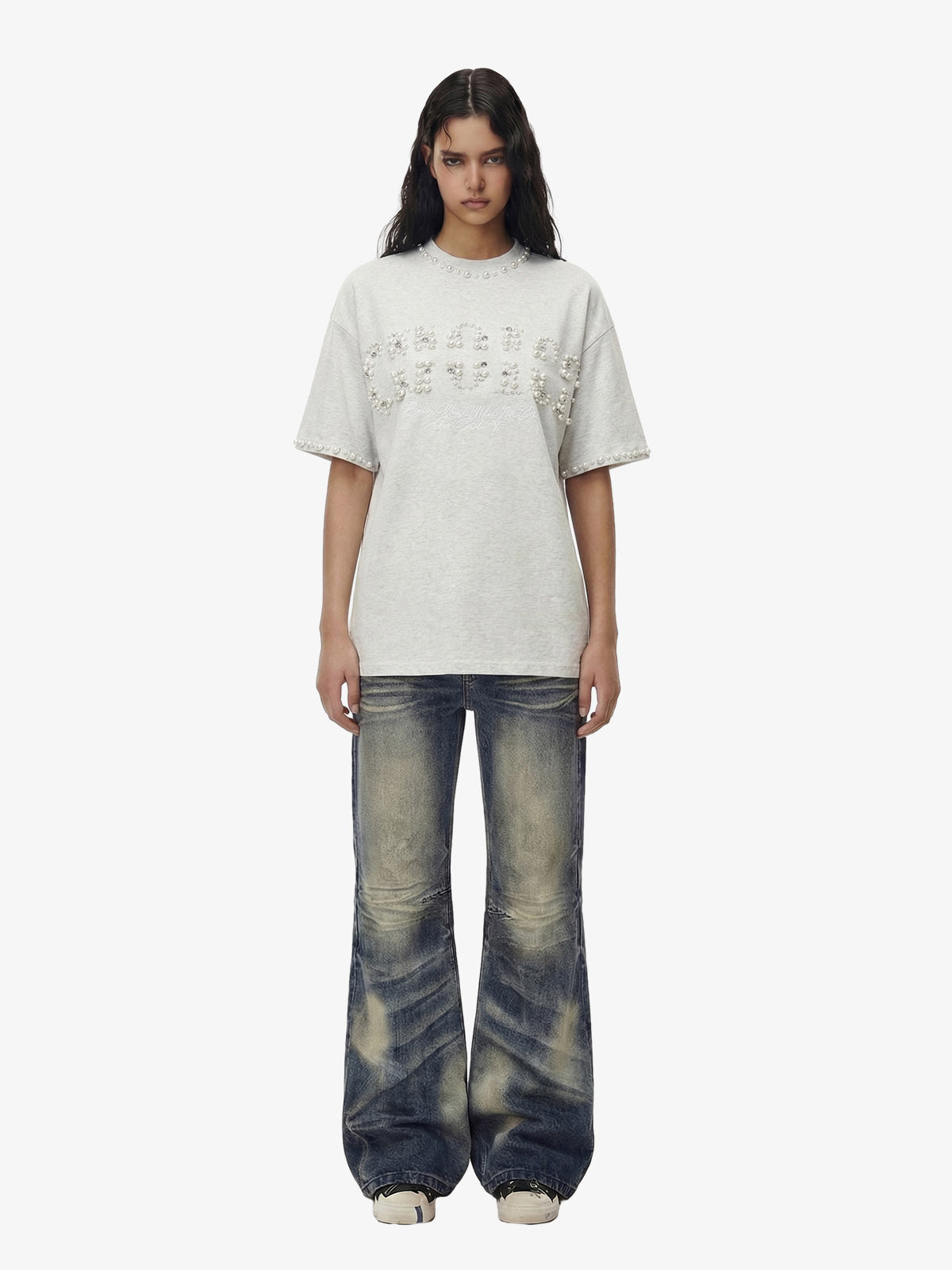 Elegant Pearl-Embellished Oversized T-Shirt