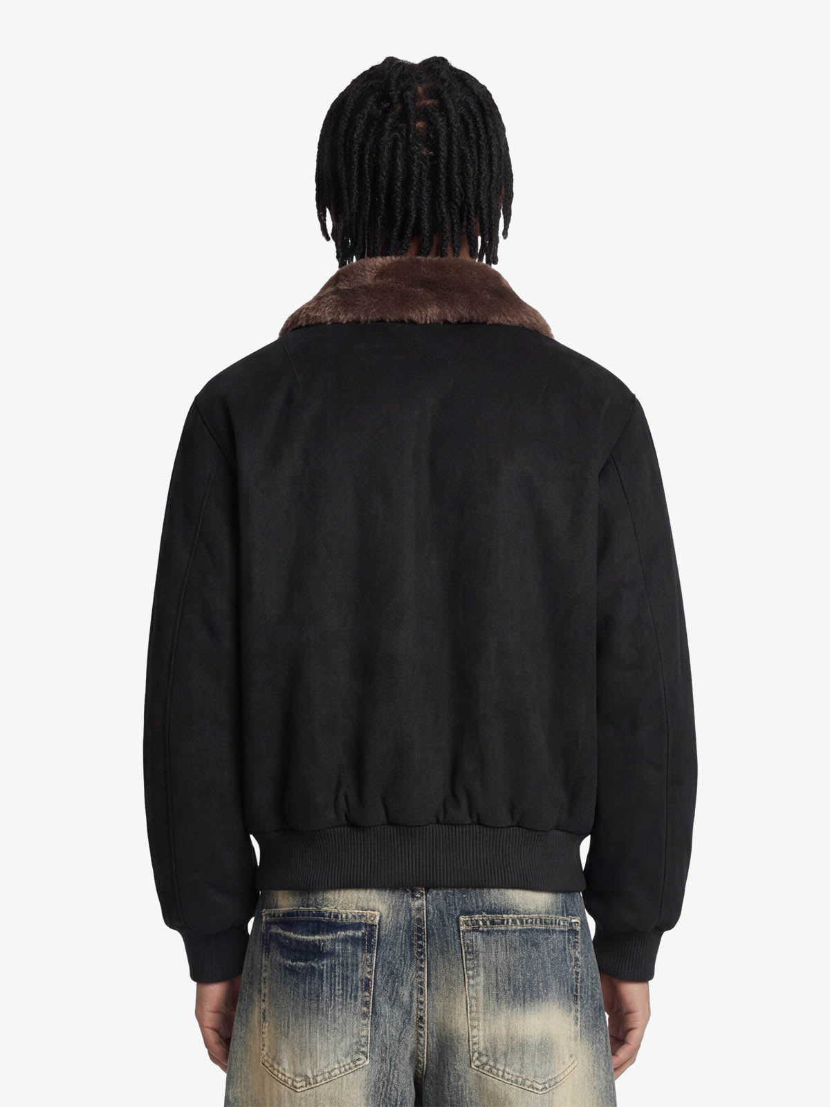 Retro Suede Faux Fur Collar Fleece Lined Bomber Jacket