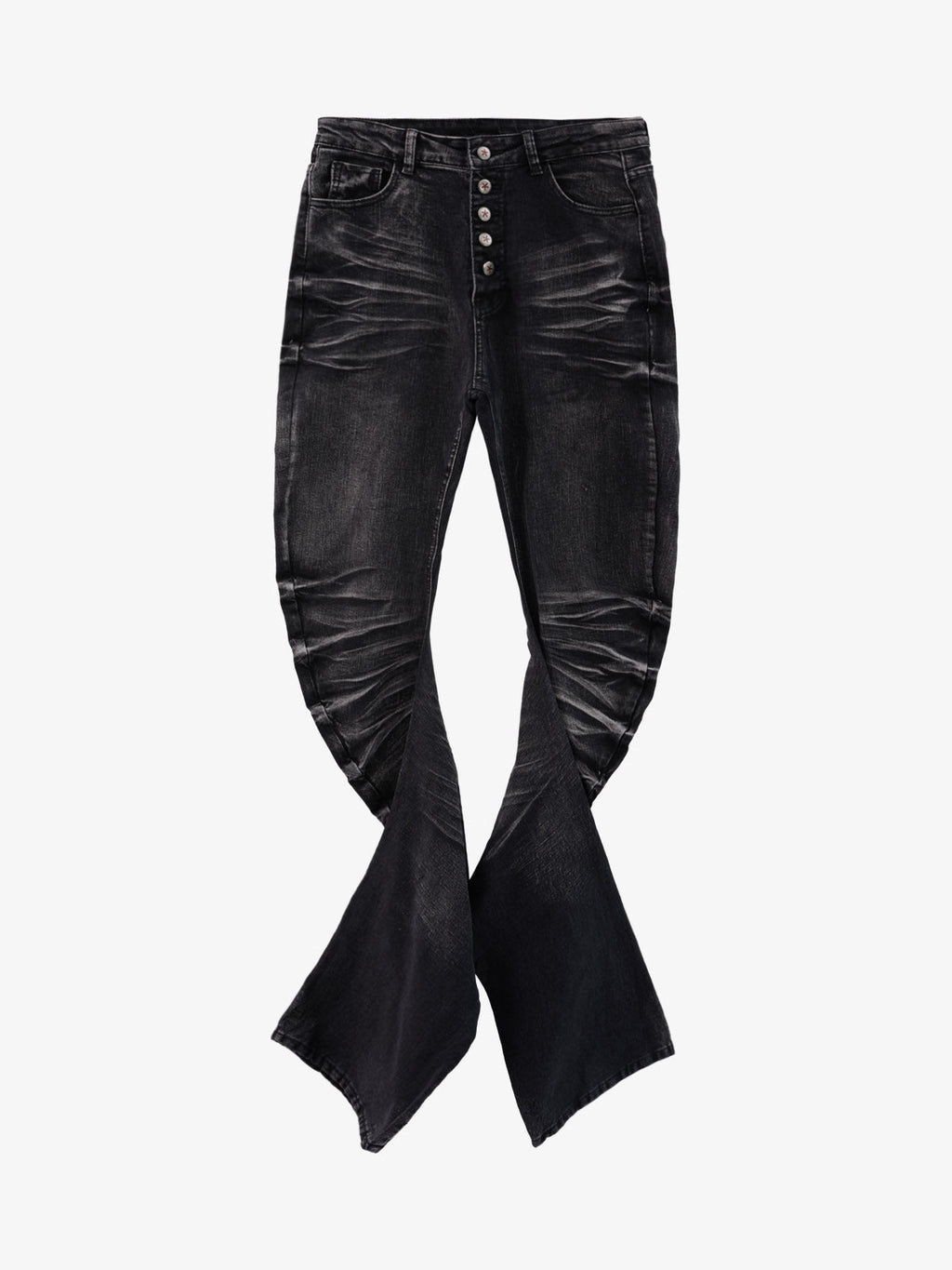 Vintage Distressed Button Fly Ruched Panel Flared Jeans
