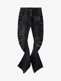 Vintage Distressed Button Fly Ruched Panel Flared Jeans