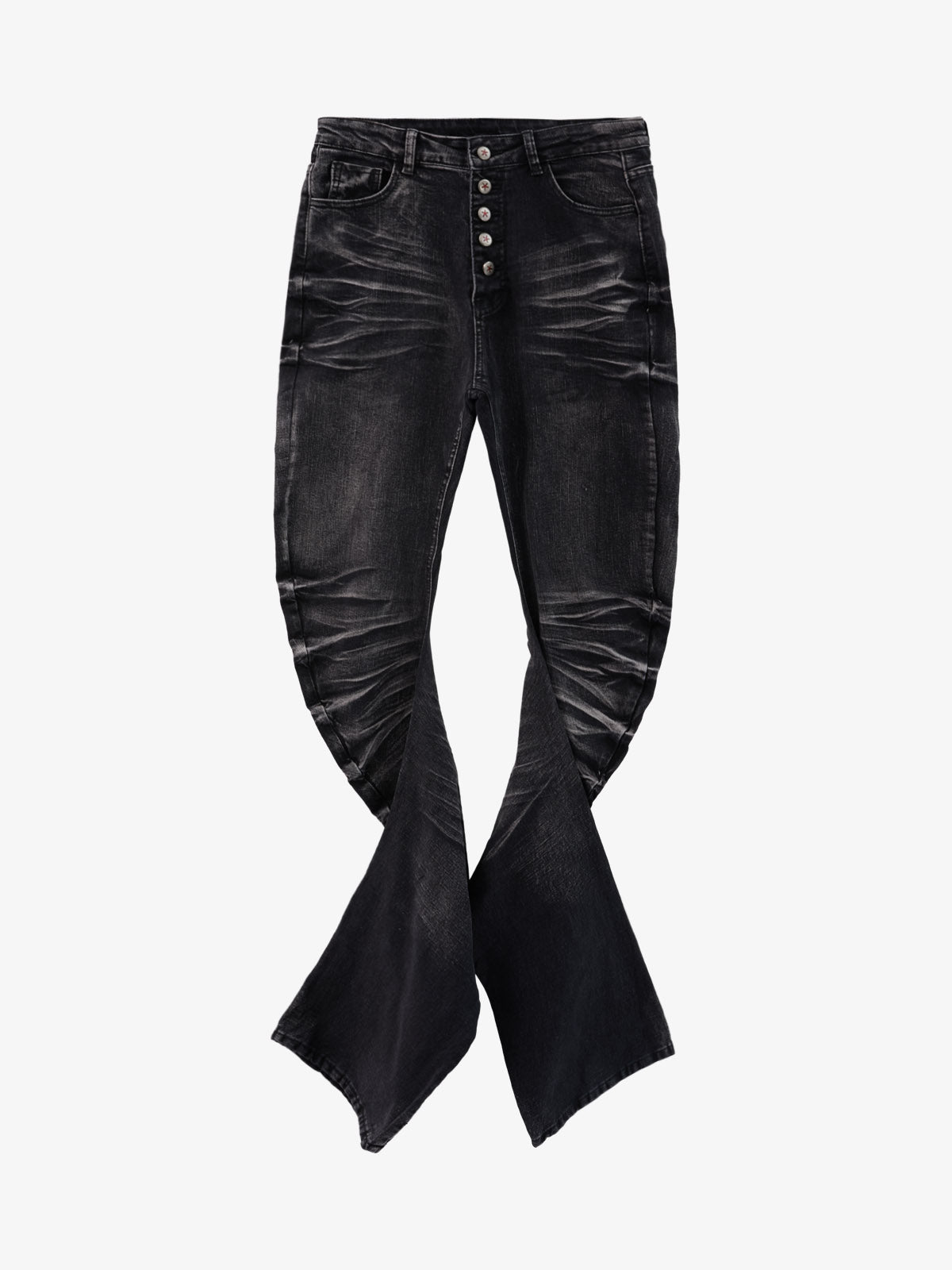 Vintage Distressed Button Fly Ruched Panel Flared Jeans