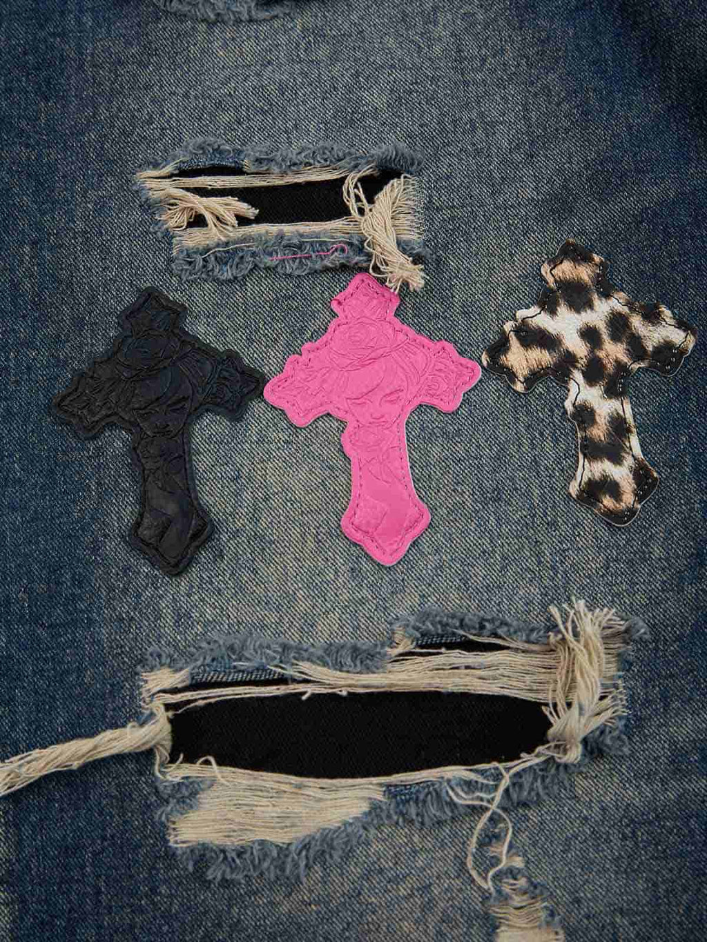 Distressed Cross Patchwork Washed Baggy Jeans