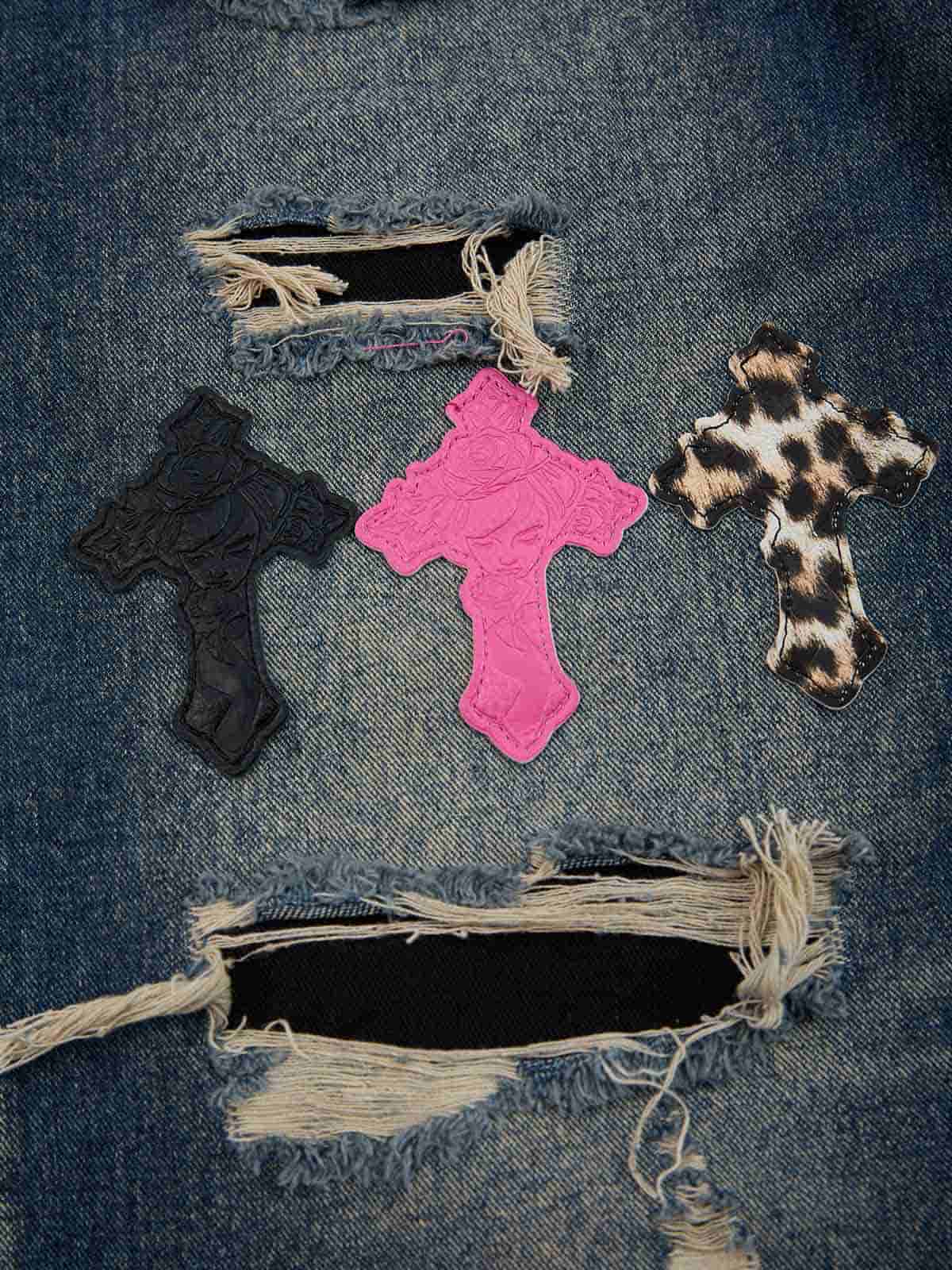 Distressed Cross Patchwork Washed Baggy Jeans